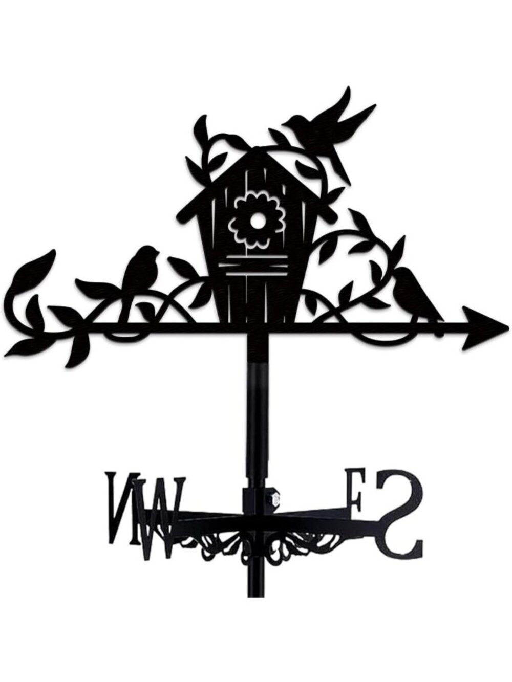 Black Metal Birdhouse Weather Vane | Roof Mount Wind Direction Indicator Decor